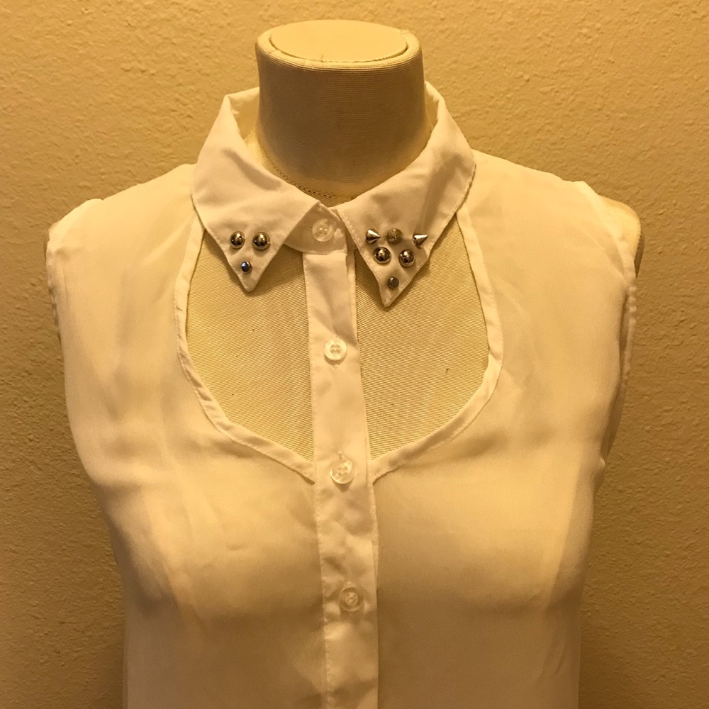Edgy White Blouse with Cutout Collar and Studs